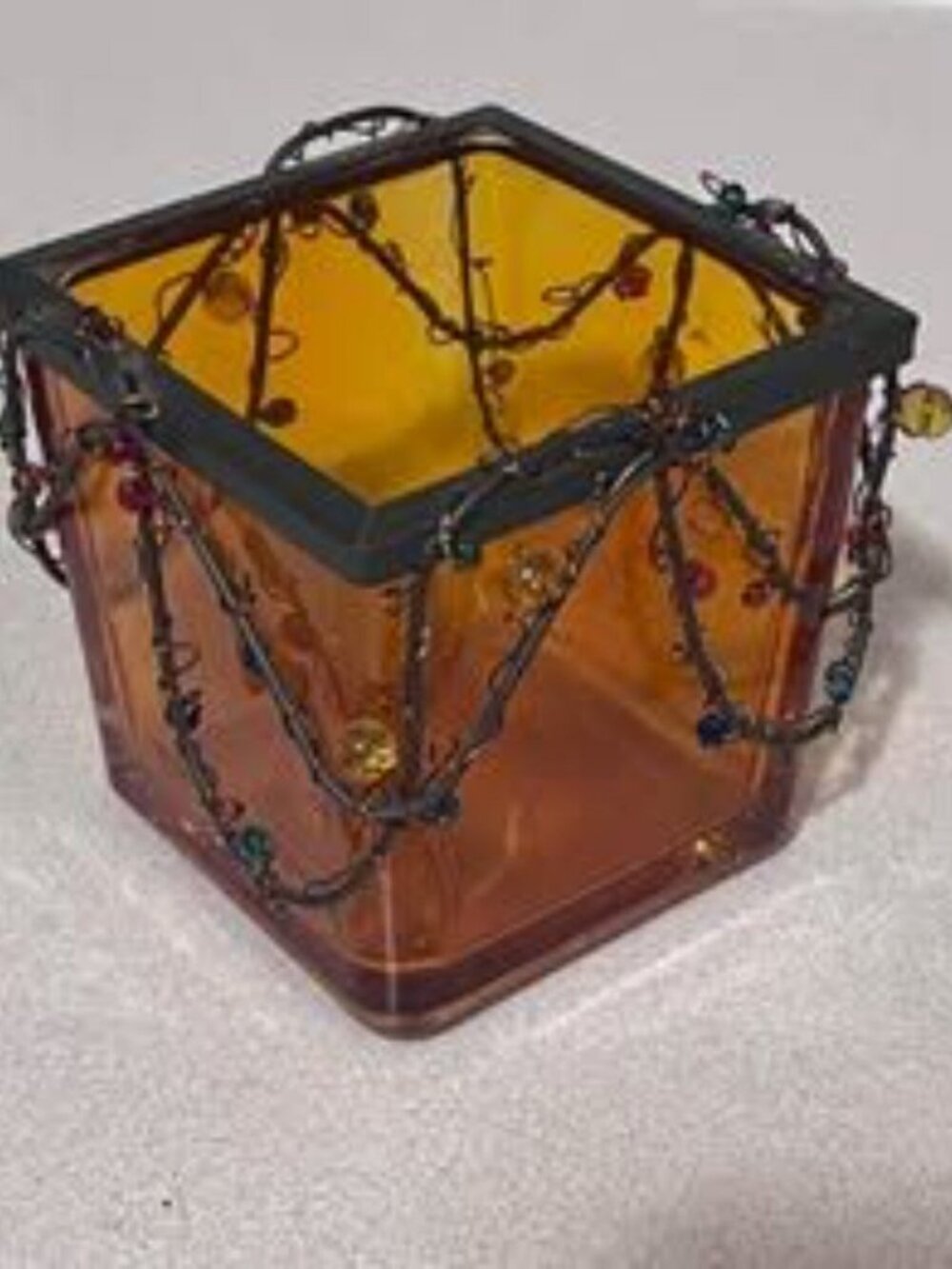 Orange Glass Beaded Wire 3” Votive Candle Holder
